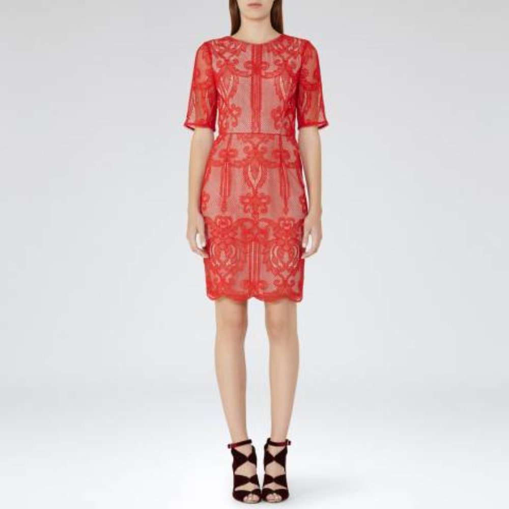 Reiss Zola Lace Overlay Scallop Edge Deep V Back Shift Dress